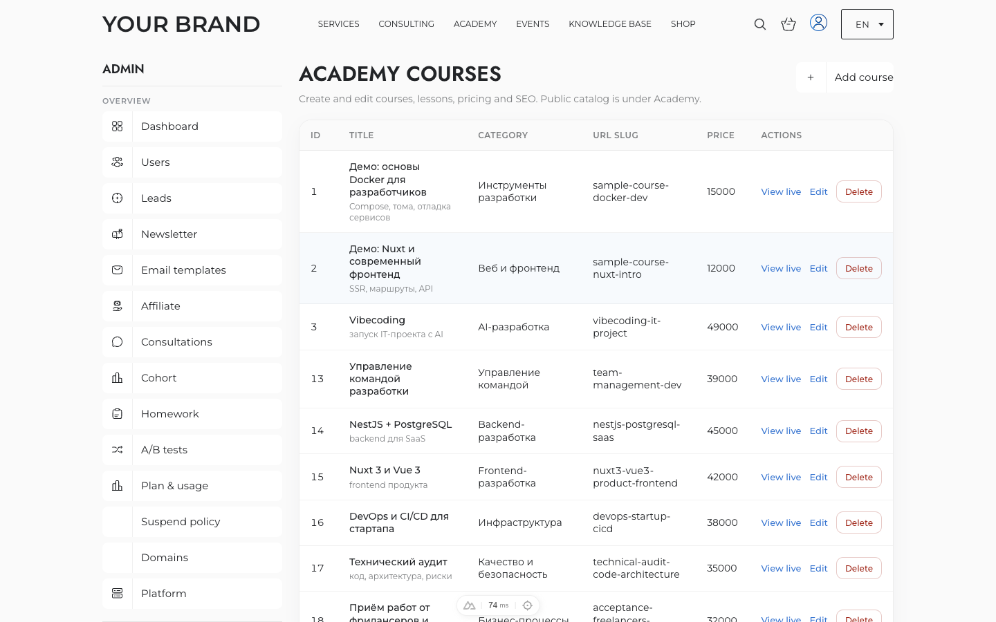 Courses section in Tribuna admin